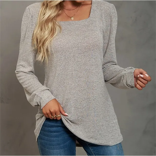Women's T shirt Tee Cotton Light Blue Pink Apricot Plain Long Sleeve Casual Daily Holiday Basic U Neck Regular Fit Fall & Winter