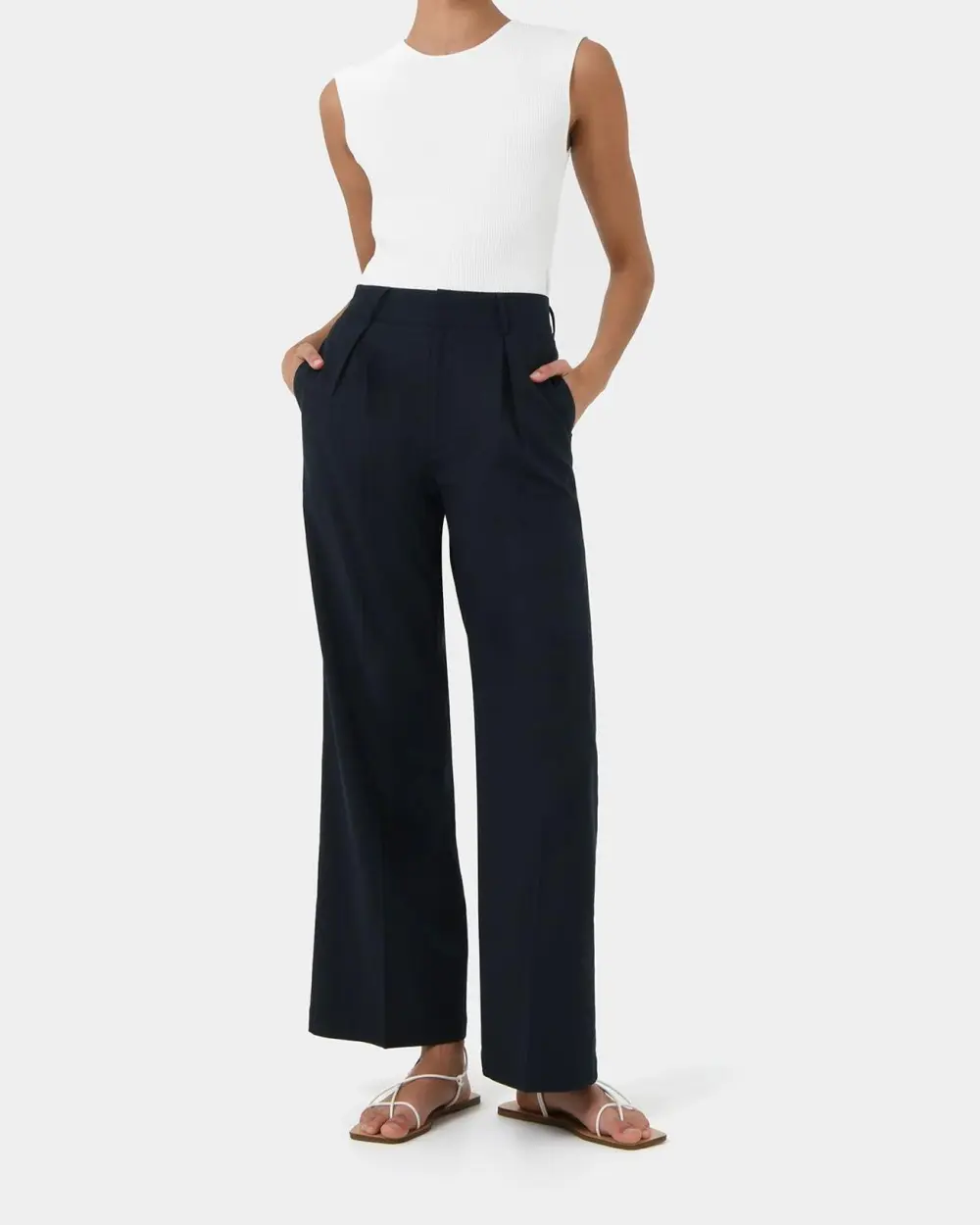 High Waisted Design Linen Tailored Pants -Navy