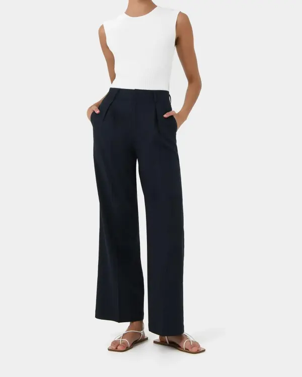 High Waisted Design Linen Tailored Pants -Navy