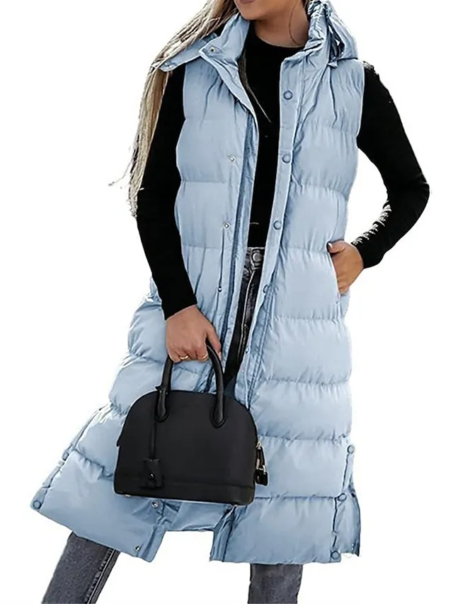 Women's Puffer Vest Long Winter Coat Sleeveless Hooded Jacket Thermal Warm Parka Windproof Gilet Zipper Outerwear Fall