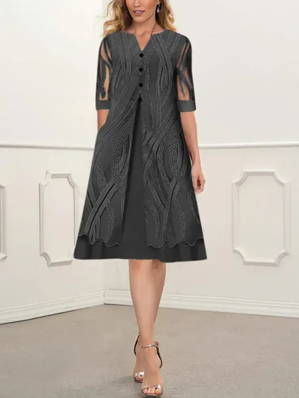 Printed V-Neck Pocket Short Sleeve Dress