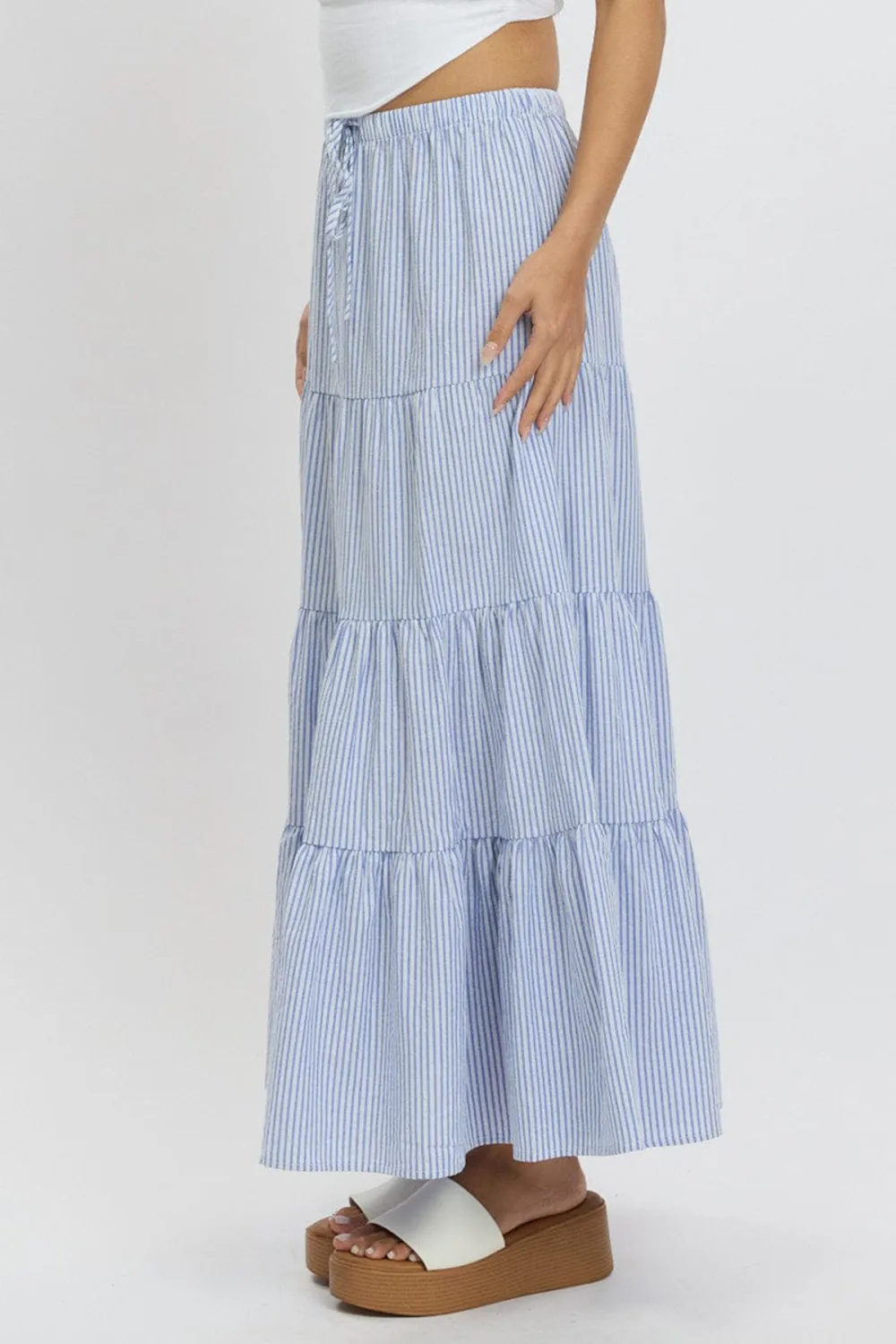 Blue Stripe Maxi Skirt Tiered High Rise Elastic Waistband