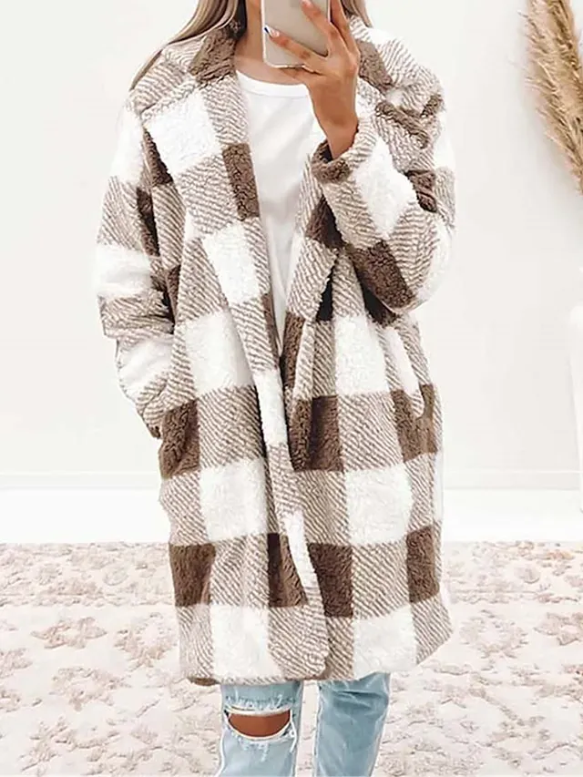 Women's Winter Coat Fleece Jacket Sherpa Jacket Thermal Warm Plaid Teddy Coat Open Front Lapel Long Coat with Pocket Fall S M L XL 2XL