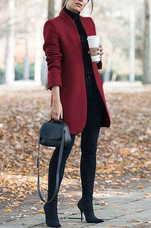 Solid standing collar slim long faux woolen coat