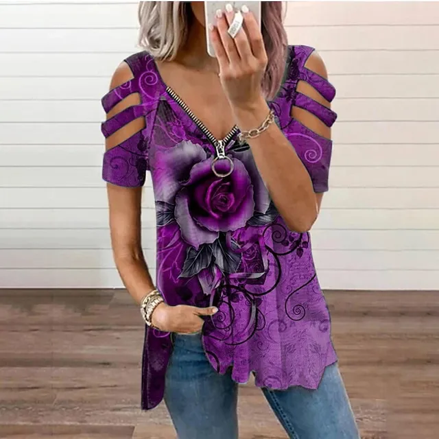 Women Tops T-Shirt Hollow-Out Shoulder Short Sleeve Casual Blouse Shirts Flower Print V-Neck Zipper Shirt