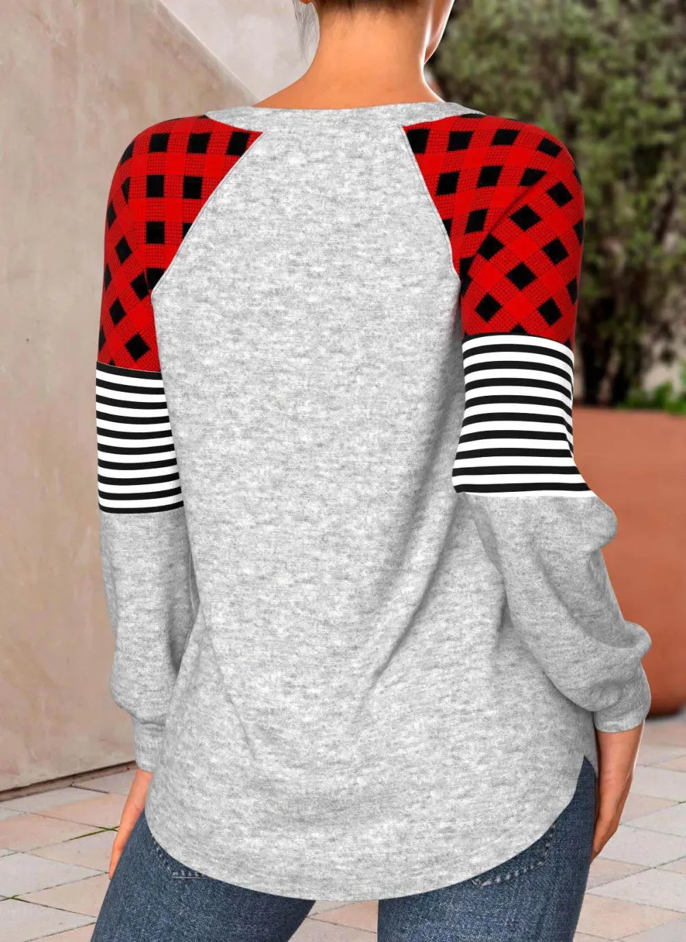 Red Patchwork Christmas Print Long Sleeve T Shirt