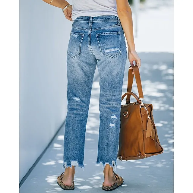 Women‘s Moms Jeans Low Rise Pants Trousers Distressed Ankle-Length Denim Side Pockets Micro-elastic Mid Waist Fashion Casual Weekend Blue S M Summer Spring & Fall