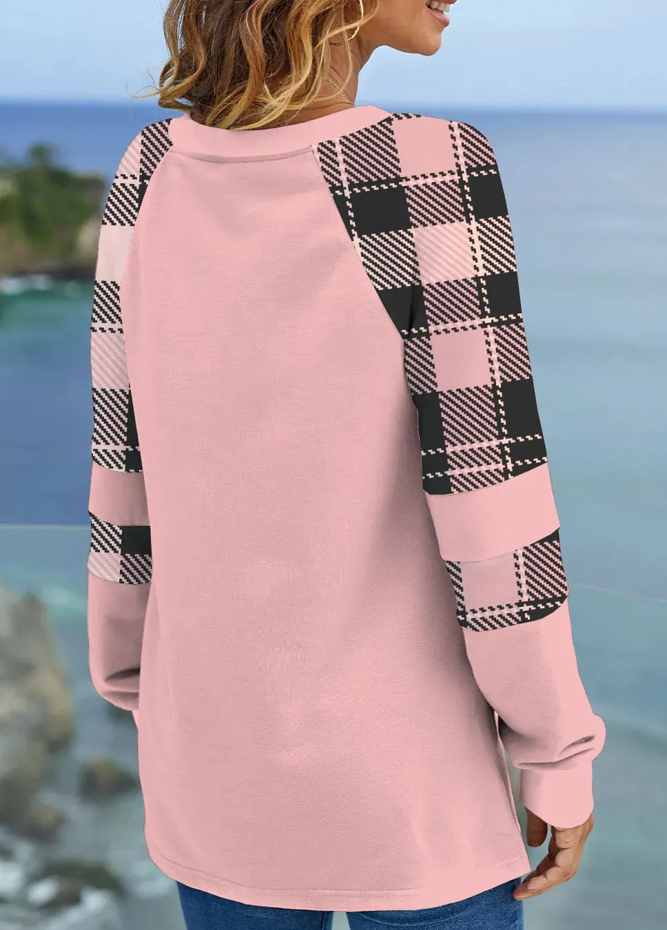 Mint Green Tartan Print Long Sleeve Sweatshirt