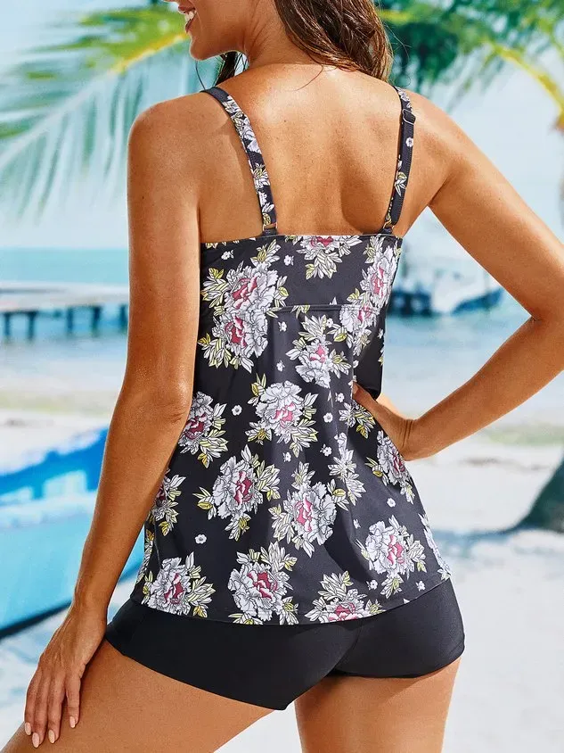 Vacation Floral Printing Scoop Neck Tankinis Two-Piece Set