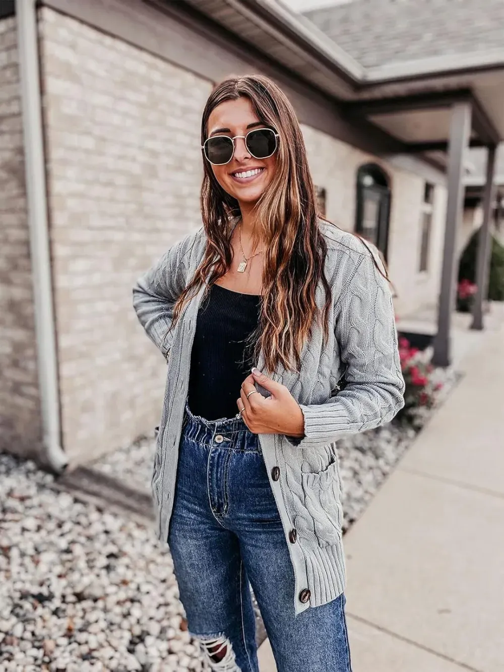 MEROKEETY Women's 2024 Fall Long Sleeve Cable Knit Sweater Open Front Cardigan Button Loose Outerwear