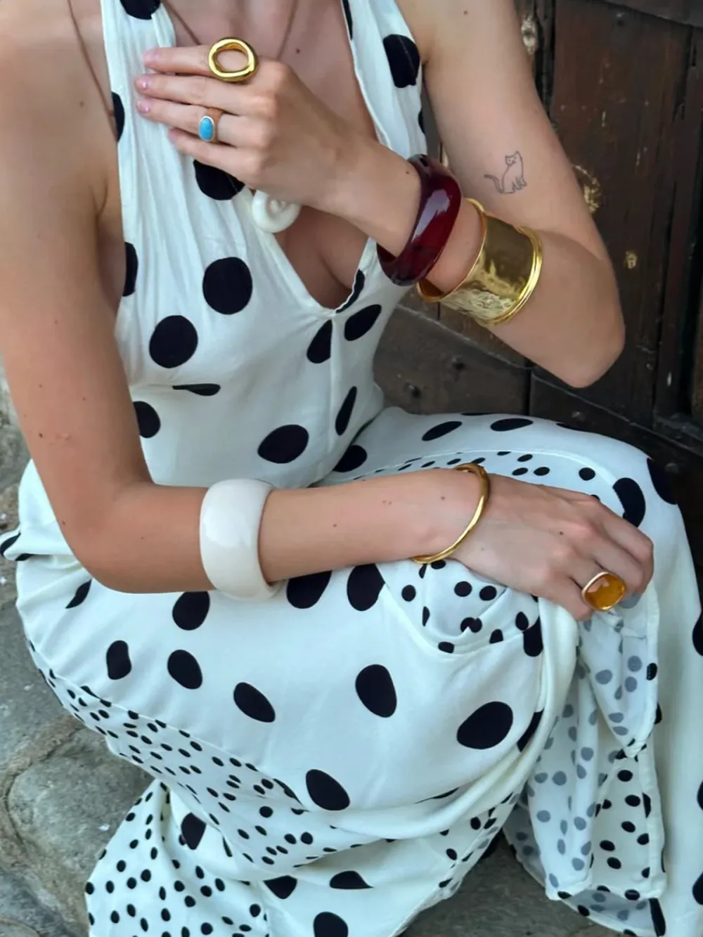 Casual Style V-neck Polka Dot Dress