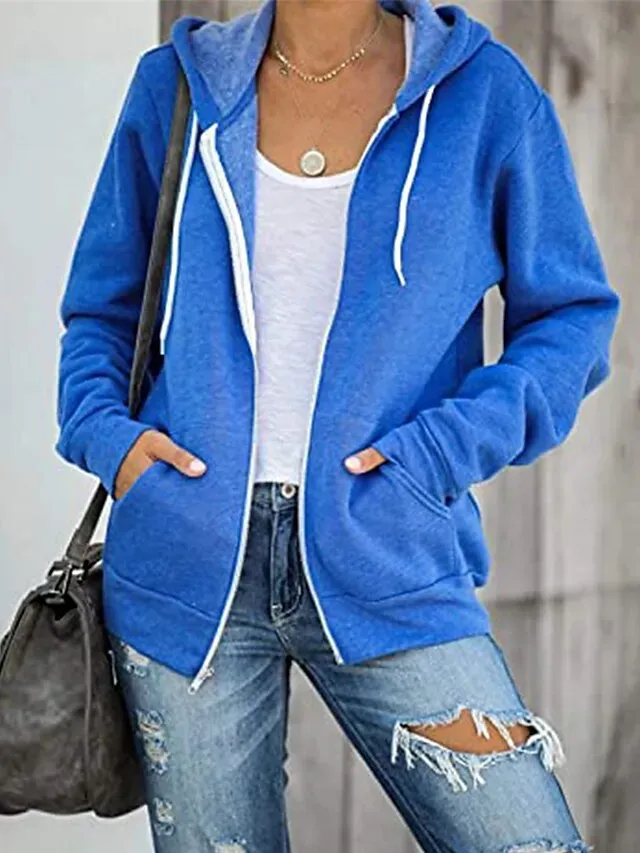 Women's Hoodied Jacket Casual Jacket Fall Spring Outdoor Zipper Plain Breathable Streetwear Regular Fit Outerwear Long Sleeve Summer Black S