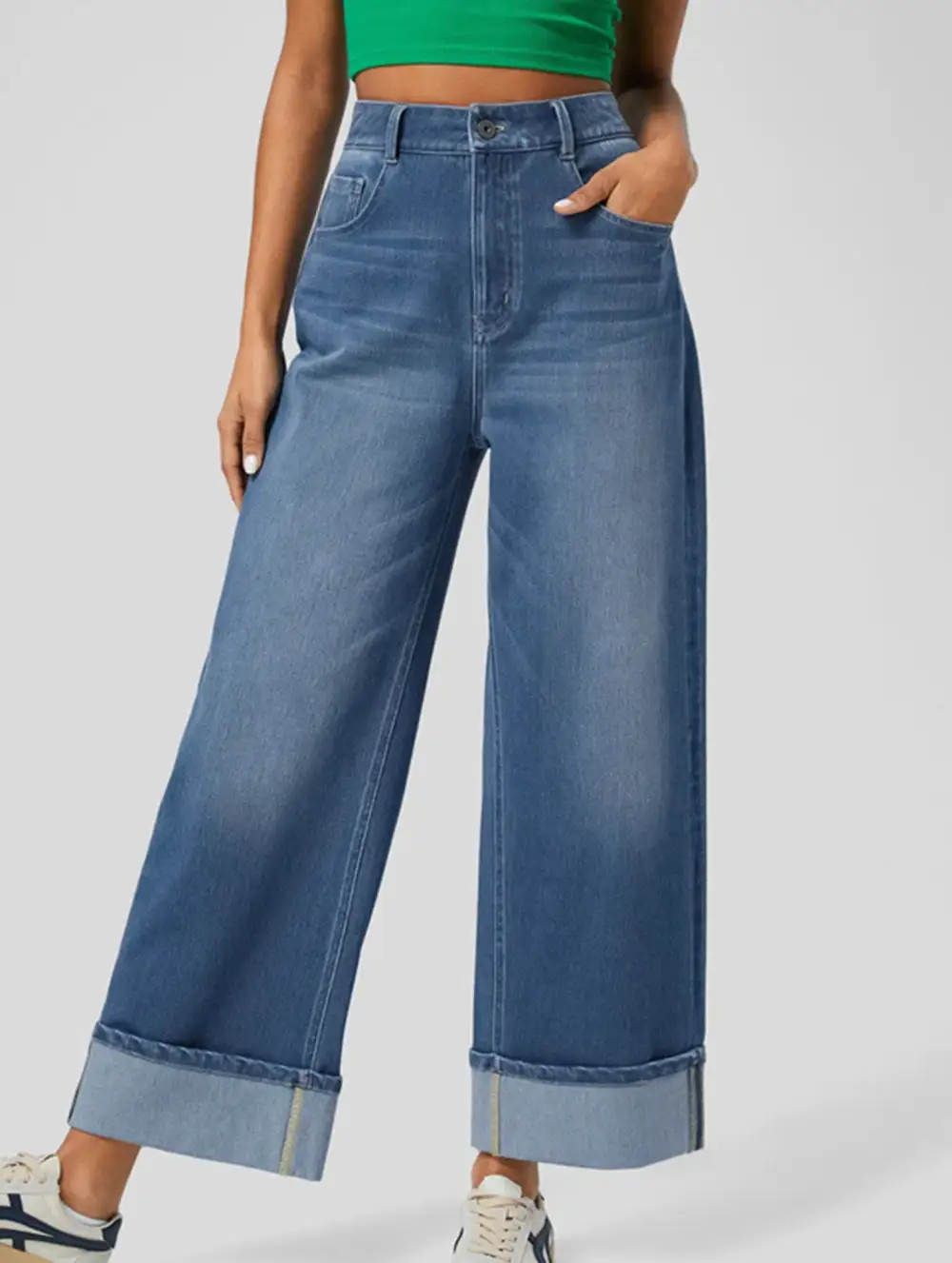 Casual Rolled-Up Wide-Leg Jeans