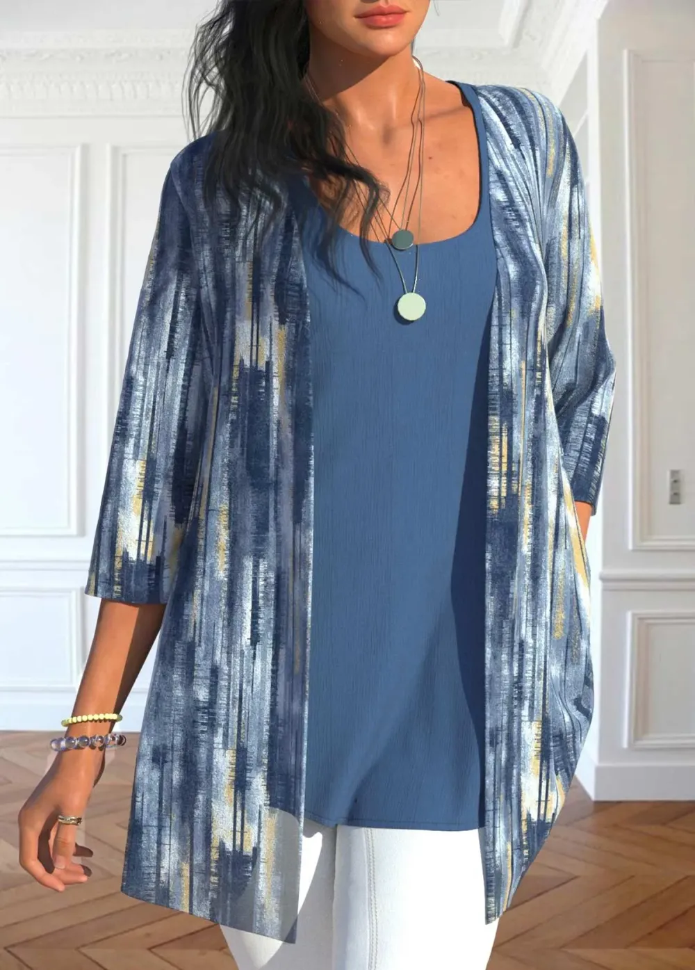 Dusty Blue Tank Top and Tie Dye Print Cardigan