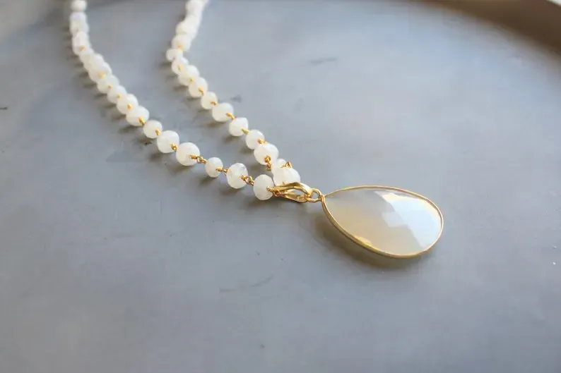 Long Necklace Moonstone Long Pendant Necklace Gold Necklace Long Stone Necklace Gemstone Statement Necklace Teardrop Long Layer Necklace
