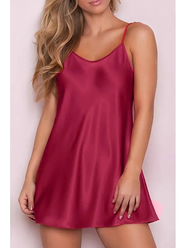 Women's Robes Gown Nightgown Sleepwear Patchwork Fashion Simple Hot Home Daily Bed Polyester Breathable Straps Sleeveless Backless Summer Spring Wine Red Fushcia