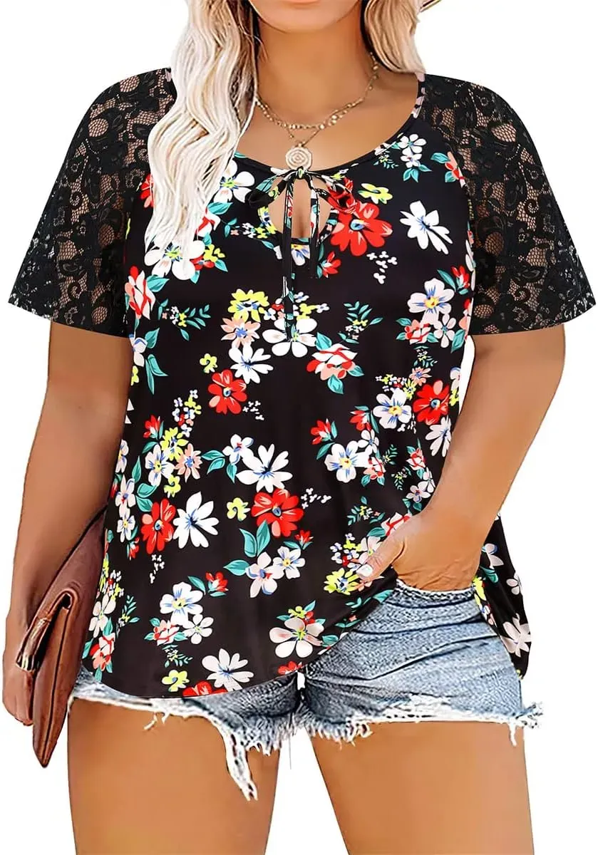 TIYOMI Plus Size T Shirt for Women Short Sleeve Tunic Cross Line Shirts Round Neck Tops Summer Blouse XL-5XL 14-28