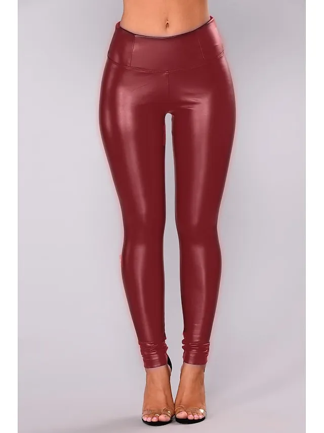 Women's Basic Essential Chic & Modern Pants Leggings Ankle-Length Pants Club Stretchy Solid Colored PU Artificial Leather High Waist Skinny Wine Red Black Dark Green color Dark Blue S M L XL XXL