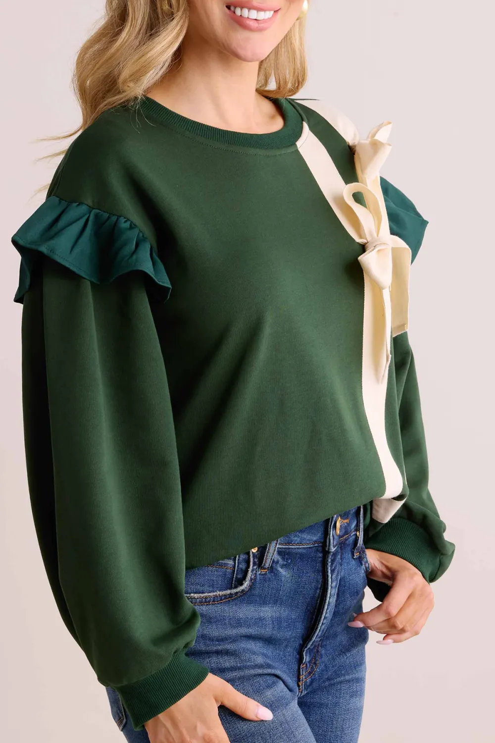 Green Ruffled Sleeve Bow-Accent Sweater