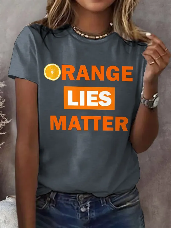 Women'S T-Shirt Vintage Orange Lie Print T-Shirt Monogram Print Round Neck Cotton Short Sleeve