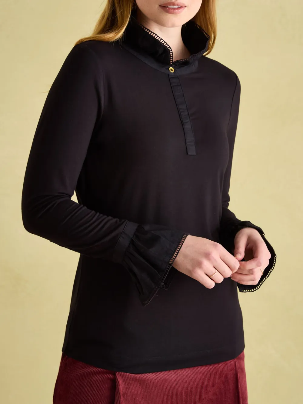 Black Long Sleeve Frilled Neck Top