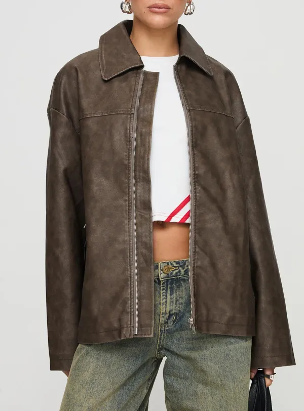 Brown Distressed Faux Leather Jacket