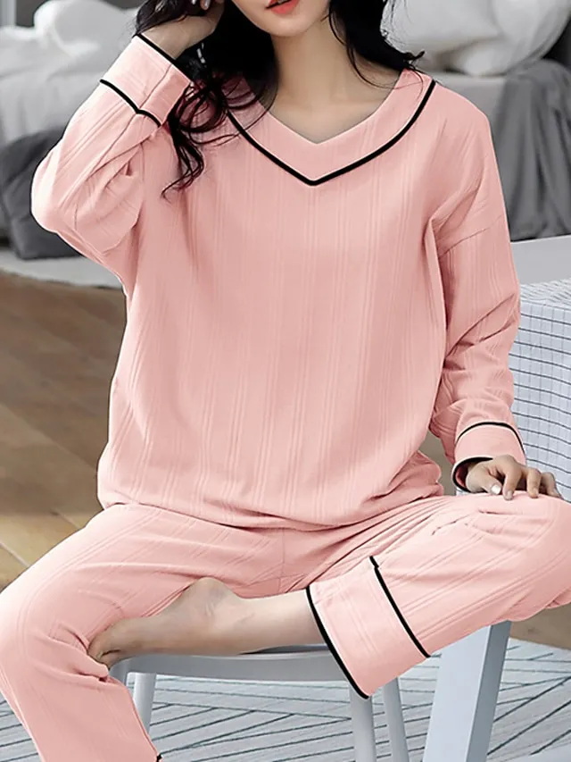 Women's Pajamas Nighty Pjs Sets 2 Pieces Pure Color Fashion Simple Comfort Home Daily Bed Cotton Breathable Gift V Wire Long Sleeve Pant Elastic Waist Basic Spring Fall Black Light Green