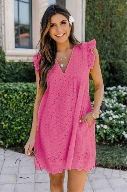 European and American women's new lace jacquard hollow V-neck dress women have pocket cloth shorts.