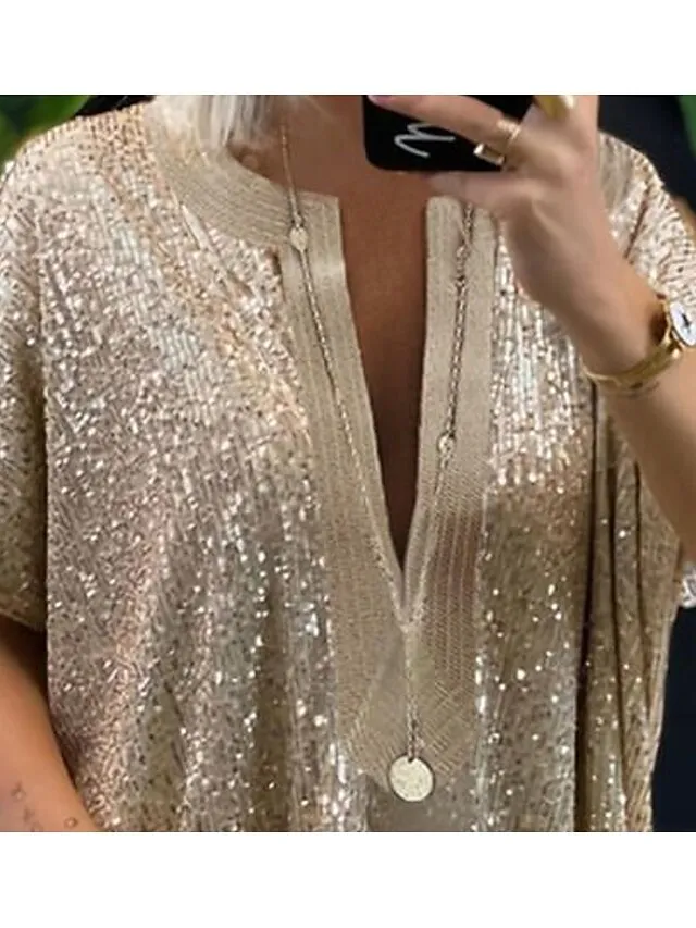Women's Plus Size Shirt Blouse Silver Gold Plain Sparkly Sequins Half Sleeve Party Date Vacation Vintage Fashion Streetwear V Neck Regular Fit Summer Spring