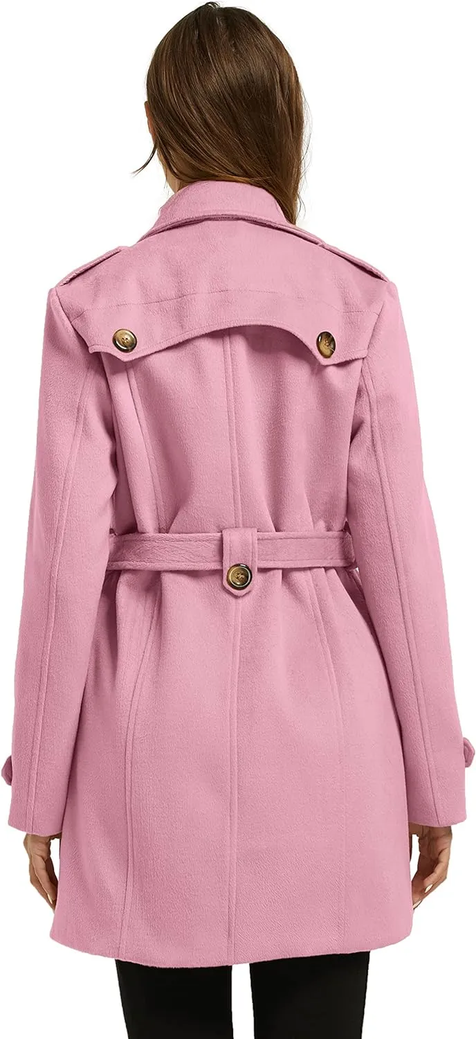 Women's Double Breasted Pea Coat Winter Mid-Long Trench Coat with Belt