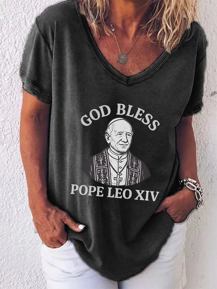 Women'S God Bless Pope Leo Xiv Round-Neck Short-Sleeved T-Shirt