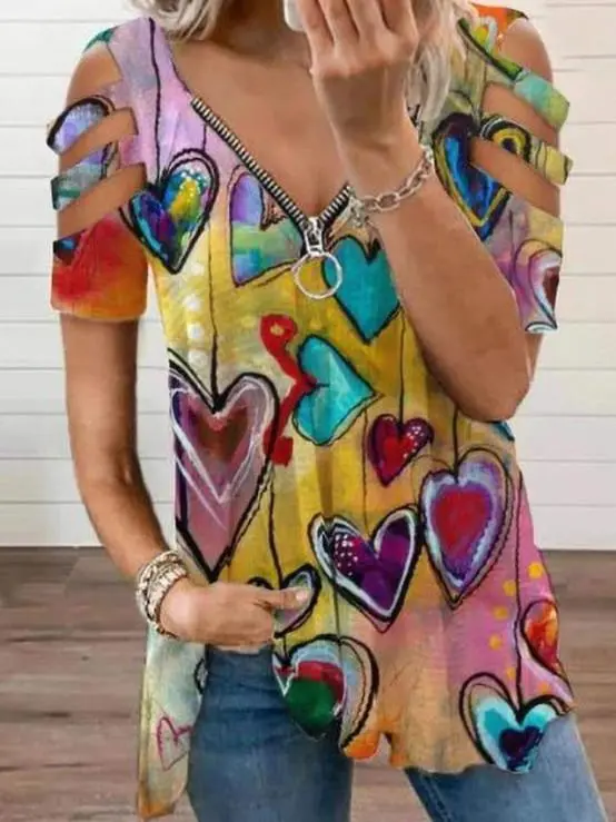 Women Short Sleeve V-neck Floral Printed Geometric Top