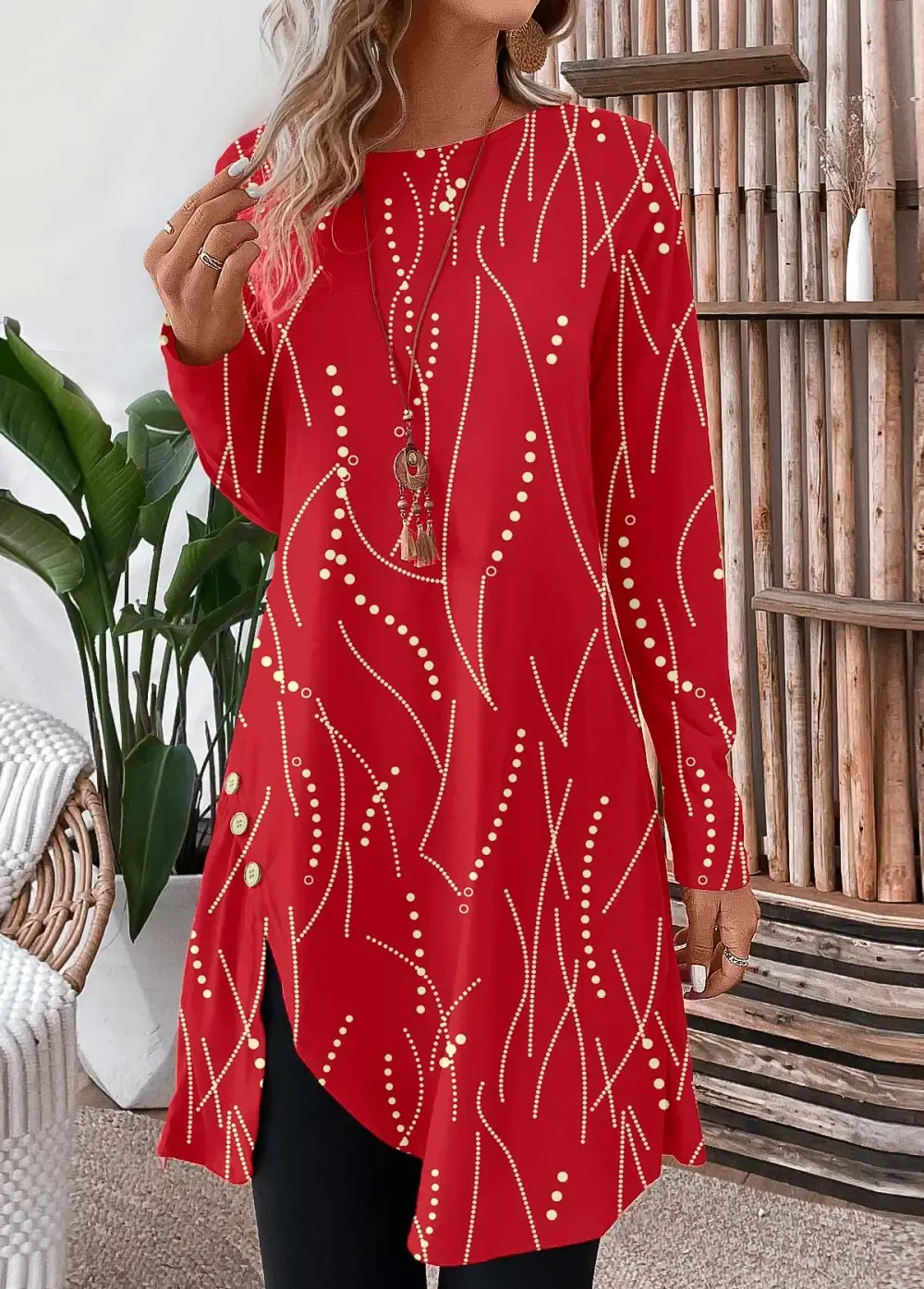 Red Button Geometric Print Long Sleeve T Shirt