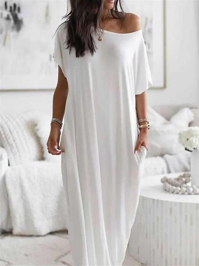Women's Pajamas Nightgown Dress Pure Color Simple Casual Soft Home Daily Bed Polyester Breathable Short Sleeve Pocket Summer Spring Black White