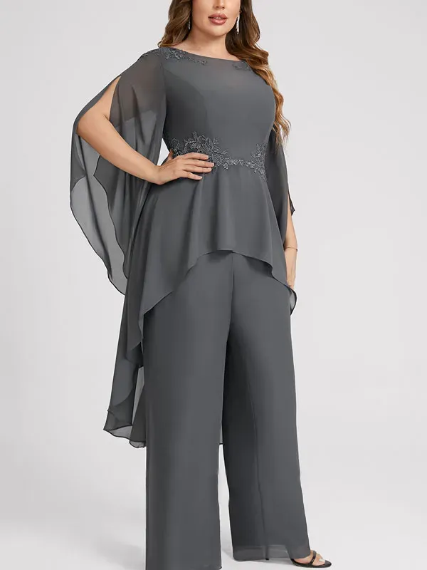 Jumpsuit/Pantsuit Separates Boat Neck Floor-Length Chiffon Evening Dress With Appliques Lace