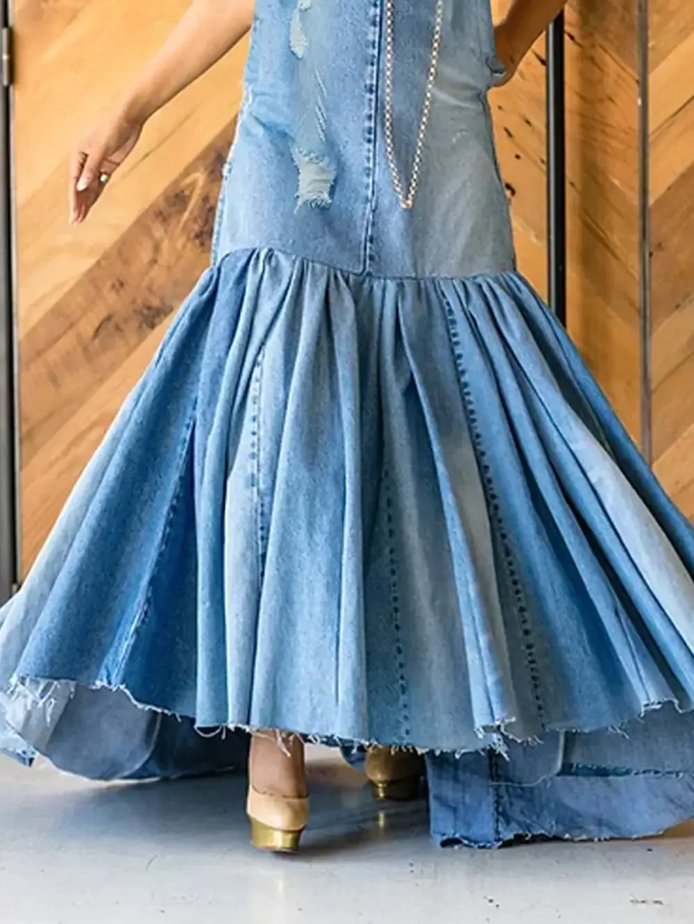 Ursime Fashion Ripped Denim Spliced Pleated Bow Maxi Halter Dress