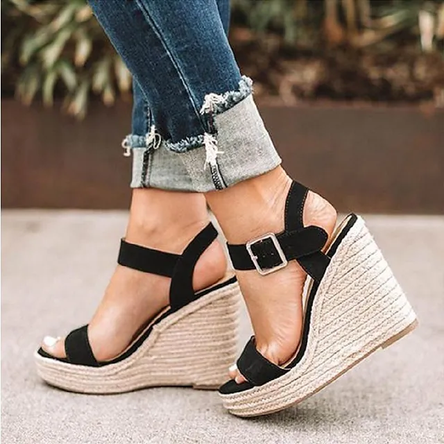 Women's Sandals Wedge Sandals Espadrilles Ankle Strap Sandals Daily Beach Summer Wedge Heel Sexy Casual PU Synthetics Ankle Strap Solid Color Black White Brown