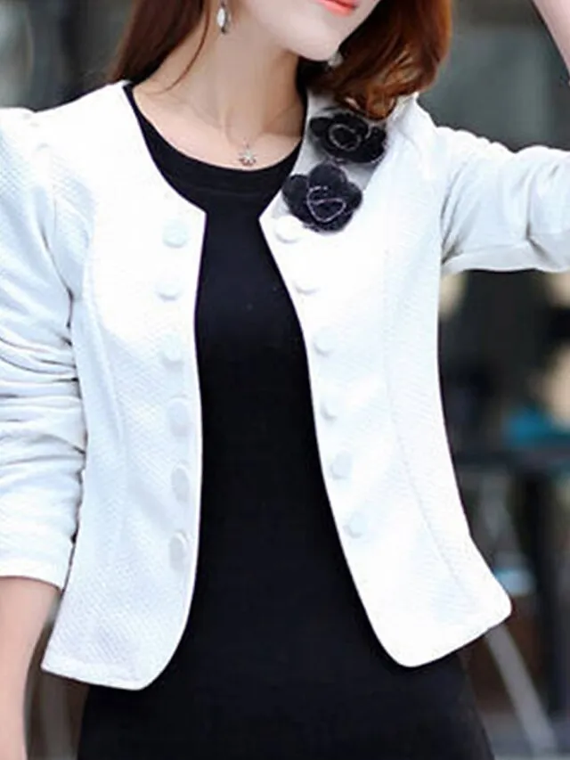 Women's Blazer Fall Short Bow Coat White Black Pink Fuchsia Elegant Street Spring Open Front Round Neck Regular Fit S M L XL XXL 3XL