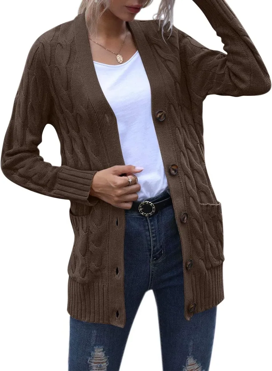 MEROKEETY Women's 2024 Fall Long Sleeve Cable Knit Sweater Open Front Cardigan Button Loose Outerwear