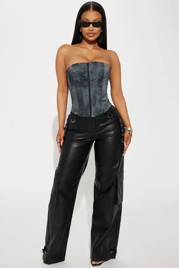 Inez Washed Faux Leather Corset Top - Grey