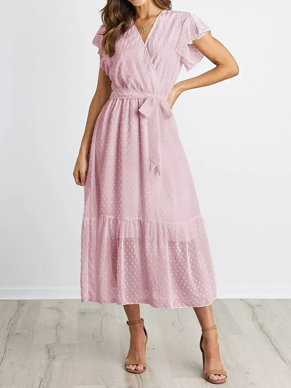 Women Summer Bohemian Floral Casual Wrap V Neck Ruffle Cap Sleeveless Belt A-Line Pleated Hem Swing Midi Sun Dress