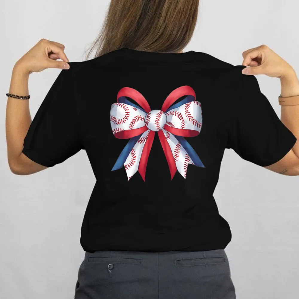A Red, White And Blue Bow With A Baseball Stitch Pattern Printed On The White Part, A Casual T-Shirt.
