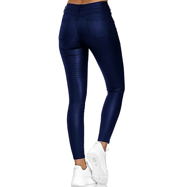 Women's Skinny Pants Trousers PU Artificial Leather Black Wine Blue Mid Waist Streetwear Stylish Party Casual Going out Micro-elastic Full Length Comfort Plain S M L XL XXL