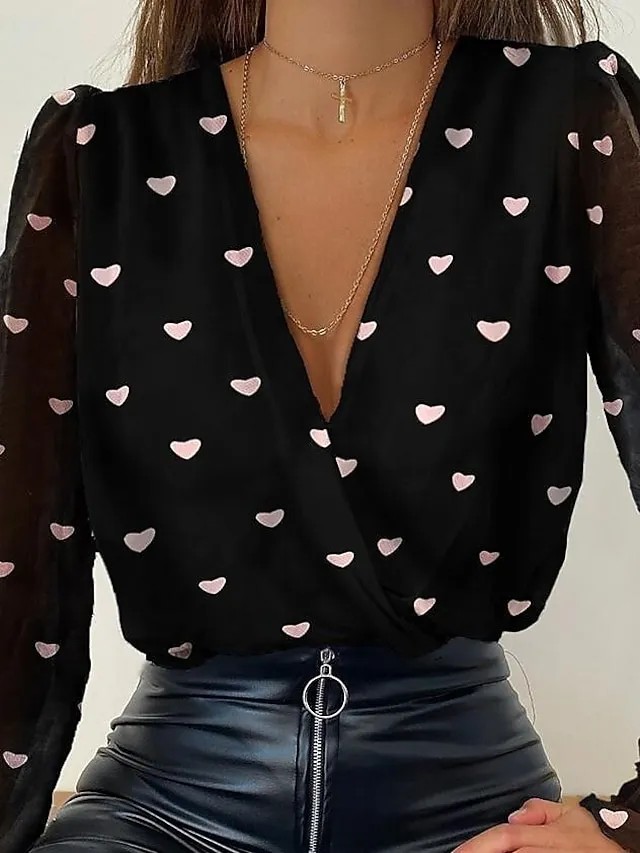 Women's Shirt Blouse Eyelet top Peasant Blouse Black White Khaki Graphic Floral Lace Long Sleeve Casual Daily Basic Elegant Casual V Neck Regular Floral Puff Sleeve S