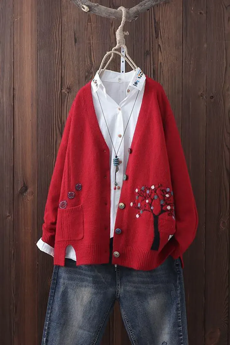 Vintage Botanical Long Sleeve Knit Cardigan