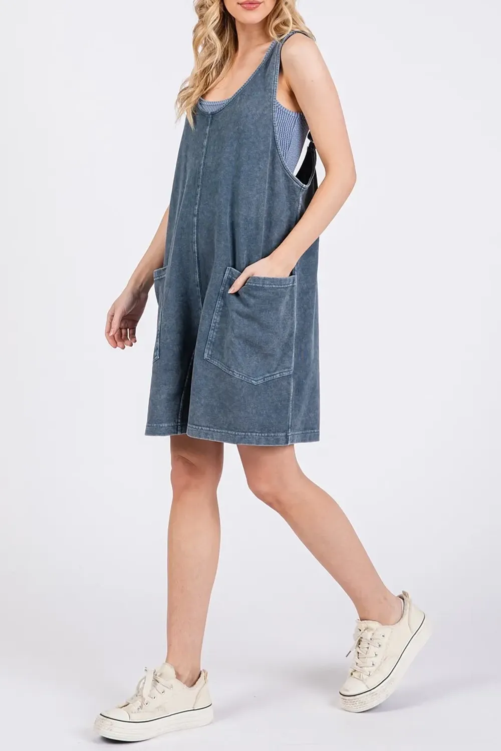 Retro Aging Waist-Cinching Grey Tank Jumpsuits