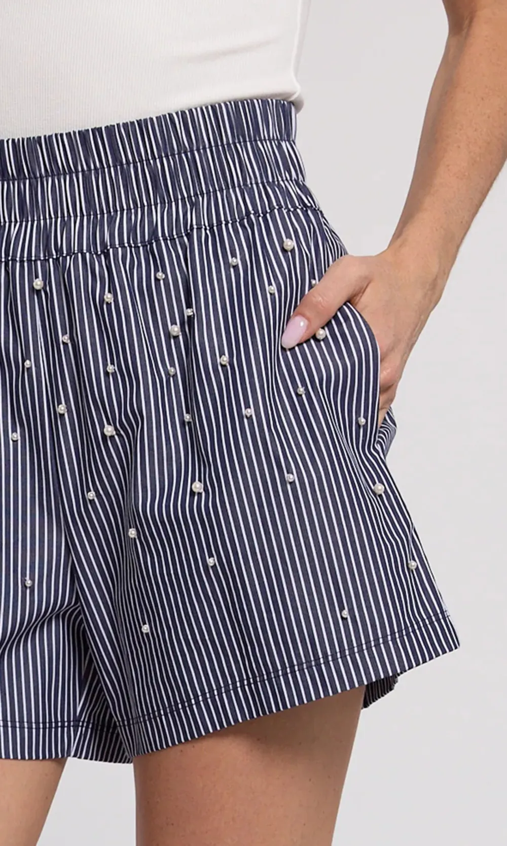 Pearl Embellished Pinstripe Shorts