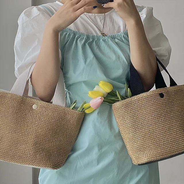 Women's Top Handle Bag Straw Daily Going out Pearls Geometric Black White