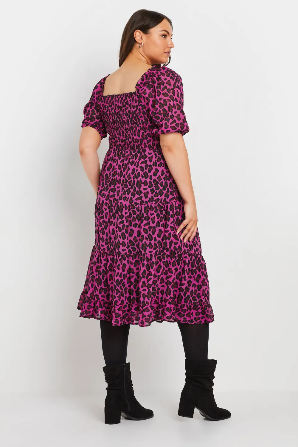 YOURS Curve Hot Pink Leopard Print Midi Shirred Dress