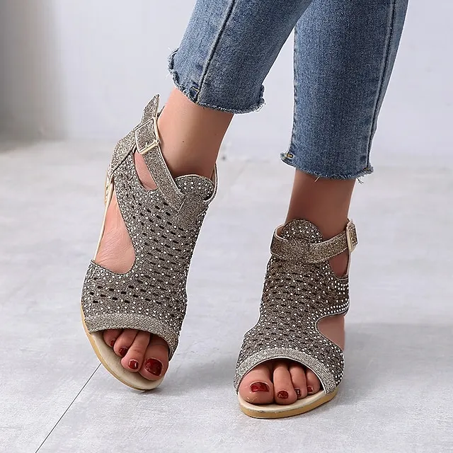 Women's Sandals Wedge Sandals Plus Size Party Outdoor Work Summer Spring Rhinestone Wedge Heel Peep Toe Elegant Classic Casual Faux Leather Zipper Solid Color Black Gold Beige